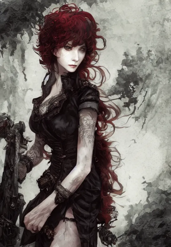 Image similar to christina hendricks!!!!! goth!!!!!, tankoban, 4 k, tone mapping, akihiko yoshida, james jean andrei riabovitchev marc simonetti, yoshitaka amano, long hair, curly, h. hydrochaeri