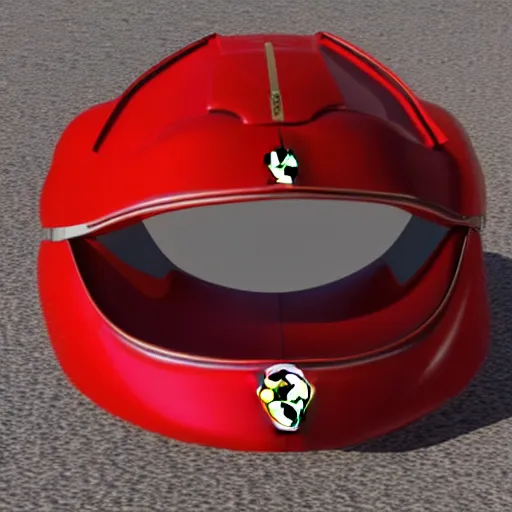 Image similar to Tokusatsu character based on Ferrari, red mechanical skinny body, chest plate with Ferrari logo, stylized motorcycle helmet, unreal engine, 3D model