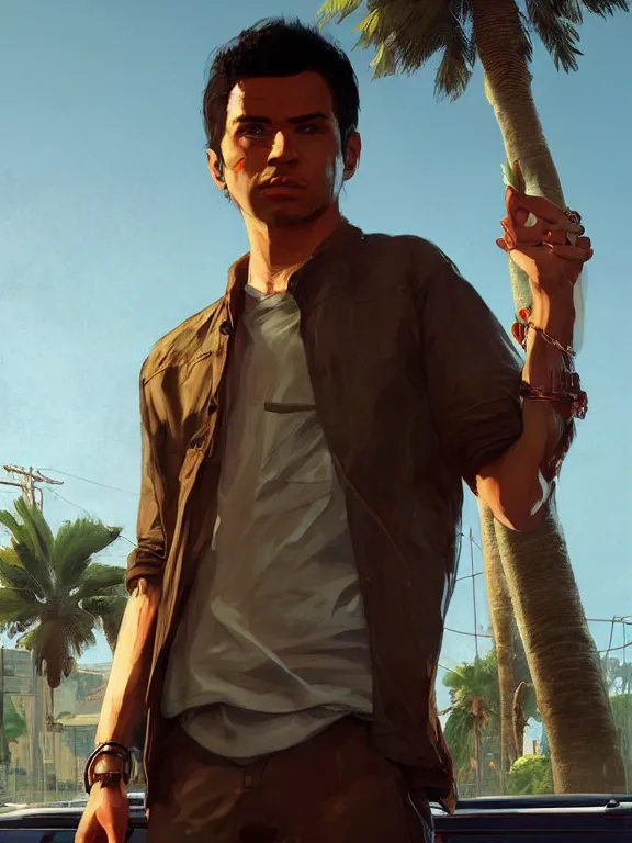 Image similar to portrait of a young man from grand theft auto 5 wearing a summer outfit, short brown hair, art by ryo shiotani and greg rutkowski, intricate, beautiful, cute, cinematic lighting, vintage art by serge ivanoff