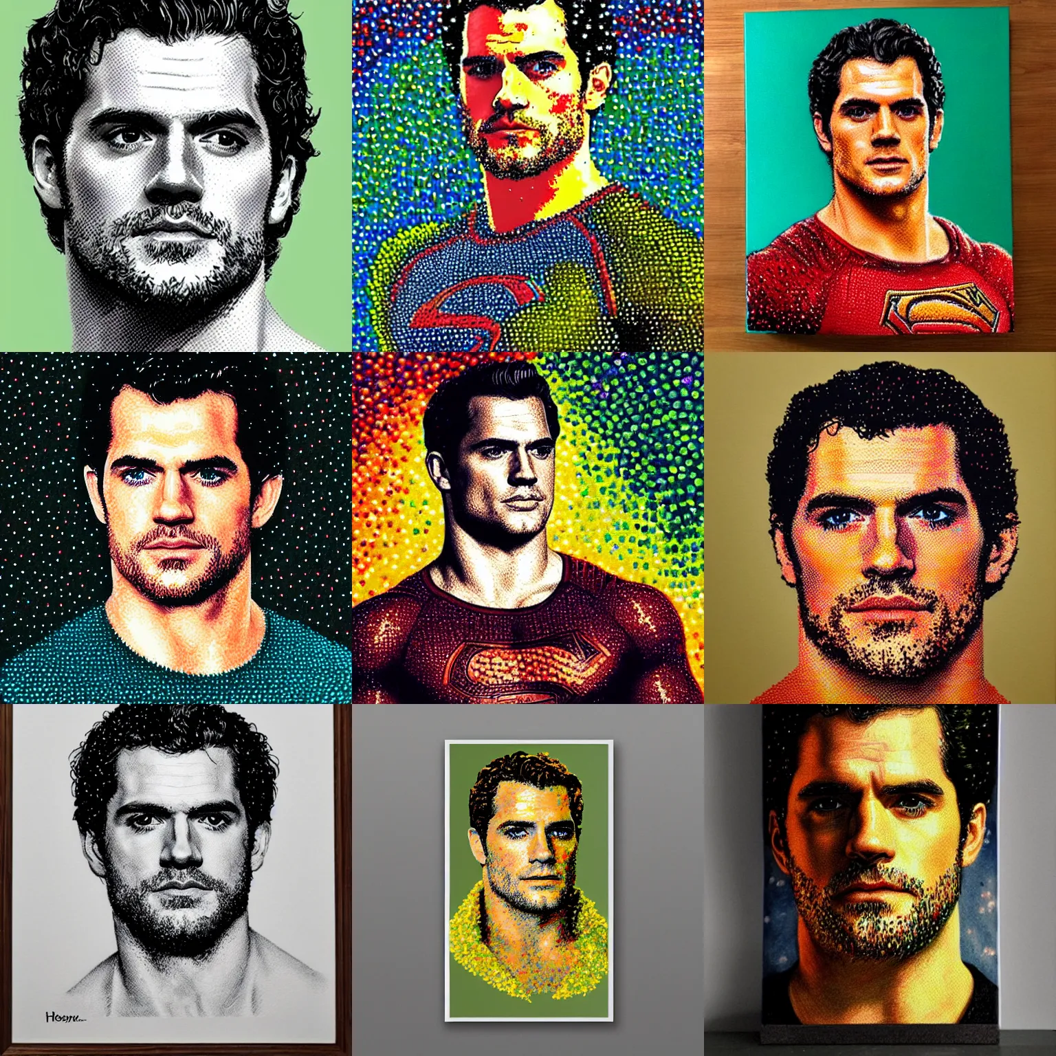 Prompt: pointillism portrait of henry cavill, made of a starfruit