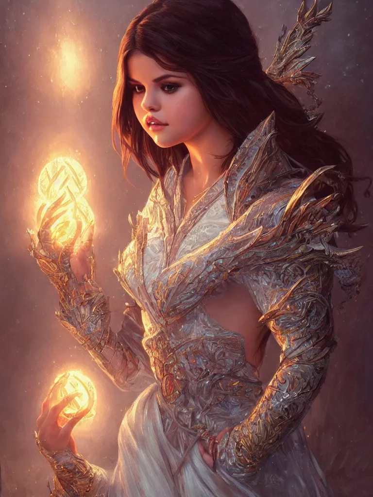 Image similar to Selena Gomez casting an frost spell, D&D, fantasy, intricate, elegant, highly detailed, digital painting, artstation, concept art, matte, sharp focus, illustration, hearthstone, art by Artgerm and Greg Rutkowski and Alphonse Mucha