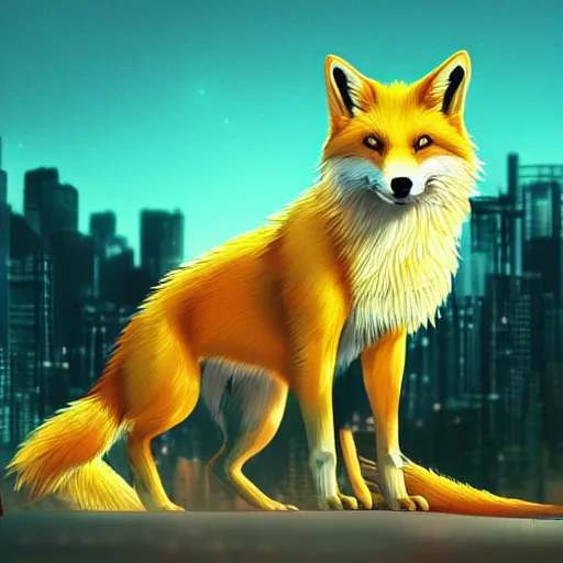 Prompt: digital yellow and white and yellow fox, retrowave palette, digital world, highly detailed, electric breeze, anatomically correct vulpine, synth feel, fluffy face, ear floof, flowing fur, super realism, accurate animal imagery, 4 k digital art