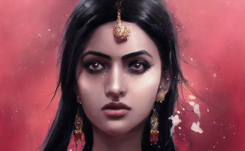 Prompt: a painting of a beautiful indian woman with black hair trending on artstation in the style of greg rutkowski