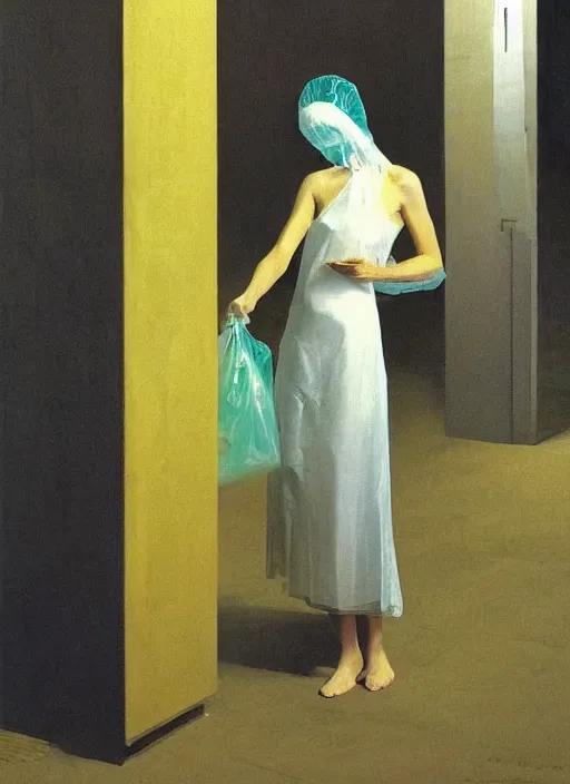 Image similar to woman in a translucent dress made from plastic bag with paper bags for clothes standing inside paper bags with paper bag over the head at store display in a pile of plastic bags Edward Hopper and James Gilleard, Zdzislaw Beksinski, highly detailed