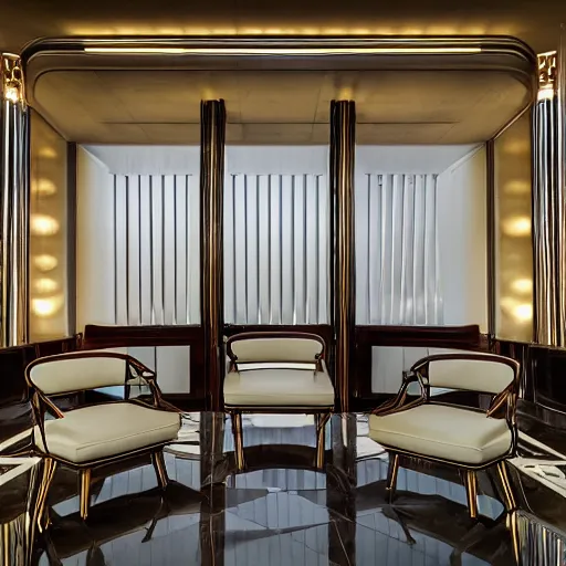 Prompt: photo of a comfortable art-deco lounge chairs, standing in large entrance hall of an art-deco skyscraper, dramatic lighting