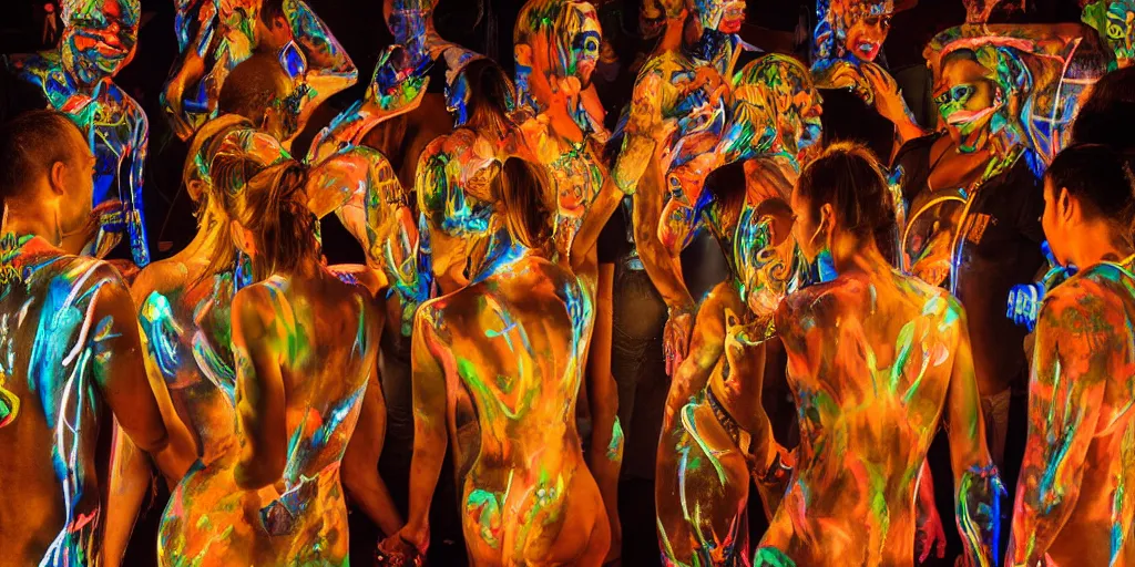 Image similar to love, translucent people with glowing body paint, from behind, rebirth, wide angle, cinematic atmosphere, elaborate, highly detailed, dramatic lighting