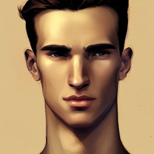 Image similar to man in his twenties with brown blond short quiff hair and thin slightly round facial structure with cleft chin, straight eyebrows, bumpy nose, good definition of cheekbones, Alert brown eyes, narrow face, slim body, atmospheric lighting, painted, intricate, 4k, highly detailed by Charlie Bowater