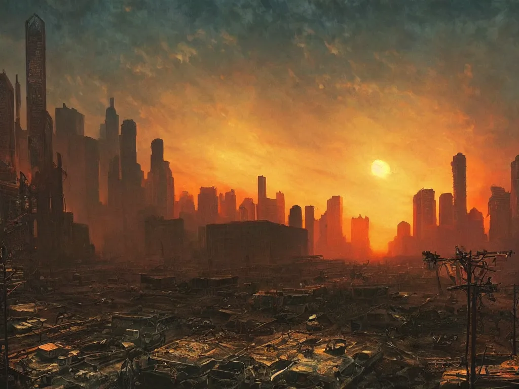 Image similar to a post apocalyptic chicago after a nuclear war, beautiful radioactive sunset lighting, beautiful painting, fallout video game, painted by albert bierstadt