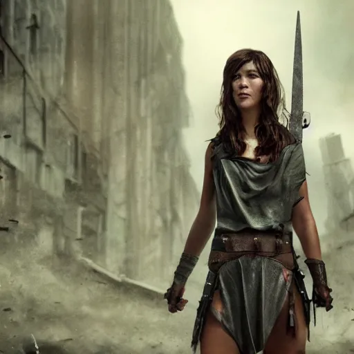 Image similar to mary elizabeth winstead as a warrior in a dystopian future