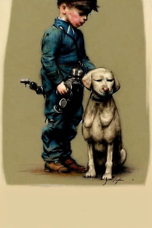 Prompt: (((((1950s boy and his robot k9 dog. muted colors.))))) by Jean-Baptiste Monge !!!!!!!!!!!!!!!!!!!!!!!!!!!