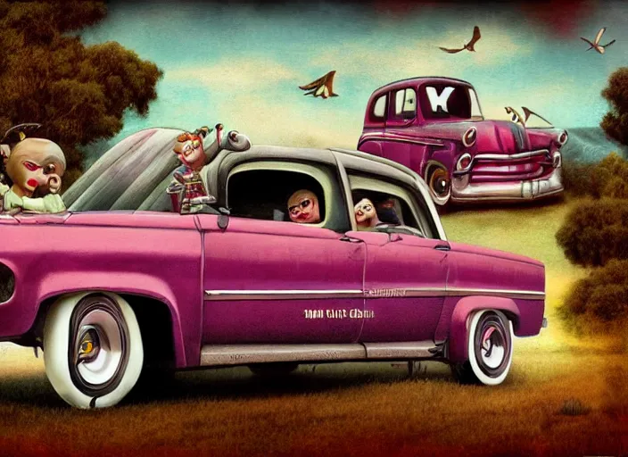 Image similar to americana dream cars, lowbrow, matte painting, 3 - d highly detailed, in the style of mark ryden,