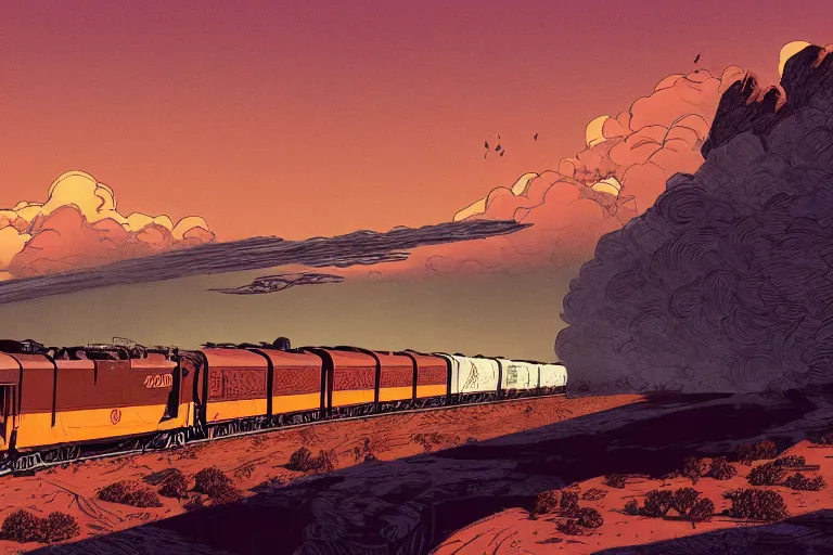 Image similar to old western freight train illustration by joe fenton and syd mead, artstation, 4 k, graphic novel, concept art, matte painting, steam engine spewing billowy white clouds of steam, beautiful idyllic mountain desert sunset background, golden hour