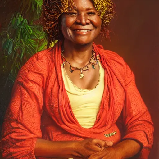 Image similar to portrait of a surinam woman ( 3 5 ) from suriname in 2 0 2 1, an oil painting by ross tran and thomas kincade