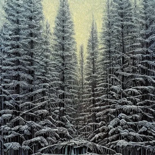 Image similar to Sharp icy frozen forest. Highly Detailed. Masterpiece. By Jeffrey Smith