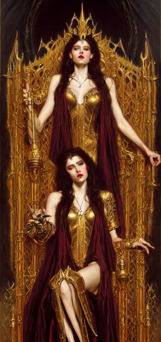 Image similar to full body portrait of beautiful vampire queen in gold gothic robes sitting on a throne of bones, elegant, highly detailed painting by gaston bussiere, craig mullins, j. c. leyendecker, 8 k, mid shot