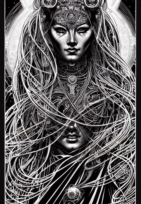 Prompt: ancient goddess, extremely detailed, bold line art, by vincent di fate and joe fenton and artgerm, oizys, centered, inking, etching, screen print, inkblots of color, masterpiece, trending on artstation, sharp, high contrast, hyper realistic, hd, 4 k, 8 k