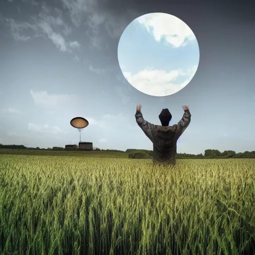 Prompt: UFO hovering over medieval peasant standing in wheat field while grey alien approaches from the distance