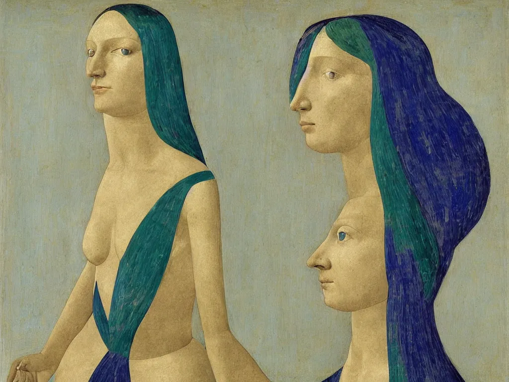 Image similar to portrait of woman with horse head. lapis lazuli, malachite, turqouise, gold. painting by piero della francesca, balthus, agnes pelton