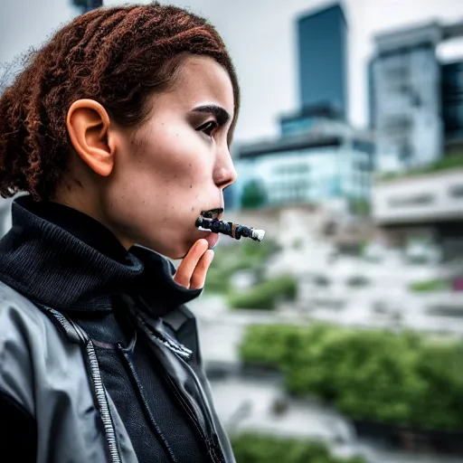 Image similar to candid photographic portrait of a poor techwear mixed young woman smoking inside a dystopian city, closeup, beautiful garden terraces in the background, sigma 85mm f/1.4, 4k, depth of field, high resolution, 4k, 8k, hd, full color