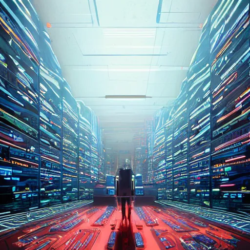 Image similar to professional painting of huge monumental conscious supercomputer with big face answers humankind questions in endless server room, trending on artstation, cyberpunk, sci - fi, futuristic, by greg rutkowski and maciej kuciara, high quality