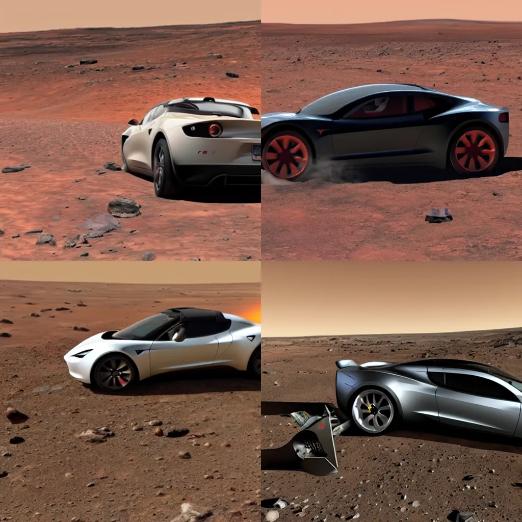 Prompt: a tesla roadster crashing into mars