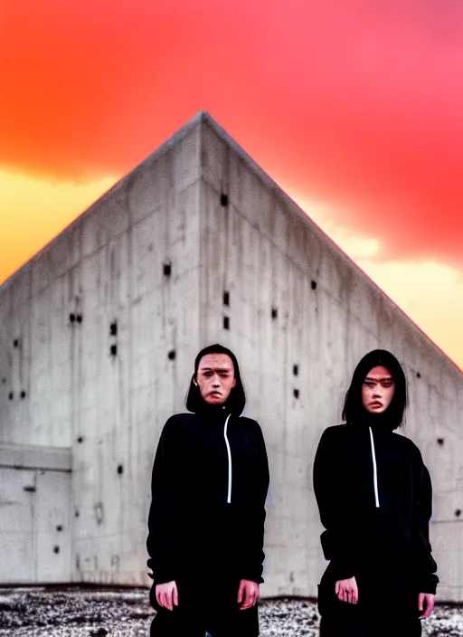 Image similar to cinestill 5 0 d photograph of 2 women wearing black techwear in front of a brutalist sharp - edged metal building, closeup, on a desolate plain with a red sky, dystopia, cyberpunk, 4 k, 8 k, depth of field, high resolution, realistic faces, hd, raw