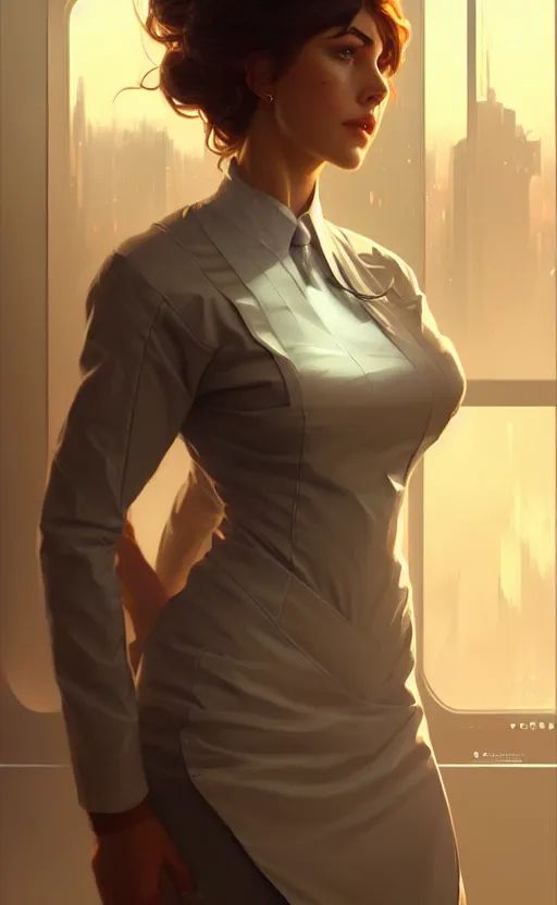 Image similar to Female in office dress, sci-fi, highly detailed, digital painting, artstation, concept art, smooth, sharp focus, illustration, art by artgerm and greg rutkowski and alphonse mucha