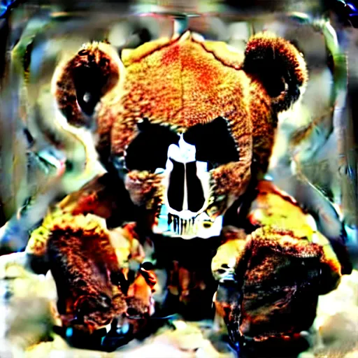 Prompt: teddy bear with a bloody skull face