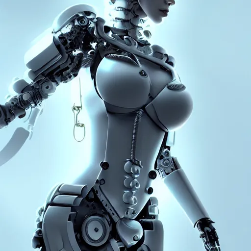 Image similar to Mechanical Cyberpunk Female Android, Upper-torso, intricate, elegant, super highly detailed, professional digital painting, artstation, concept art, smooth, sharp focus, no blur, no dof, extreme illustration, Unreal Engine 5, Photorealism, HD quality, 8k resolution, cinema 4d, 3D, beautiful, cinematic, art by artgerm and greg rutkowski and alphonse mucha and loish and WLOP