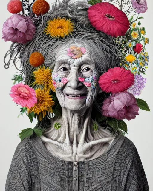 Prompt: a portrait of a fleshy old woman with a sweet smile, covered in flowers in the style of guiseppe arcimboldo and james jean, covered in wispy gray hair with a hint of neon, hd 3 d, highly detailed and intricate. centred in image.