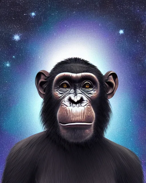 Image similar to very detailed high resolution illustration portrait of a chimpanzee head floating in space, backlit, night covered in stars, 3 d, 8 k, extremely detailed, artstation, furaffinity award winning