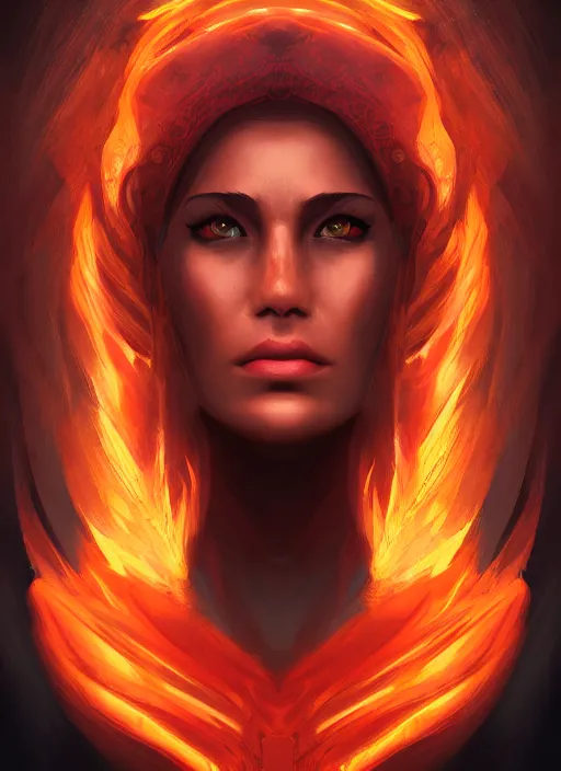 Image similar to face portrait of the empress of flames, perfect face details, symmetry, digital painting, trending on artstation and deviantart, epic composition, dynamic, highly detailed, ross draws, wlop, 8 k