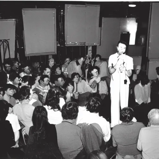 Prompt: retro color photograph of a late night standup comedy show, Kodak film photo