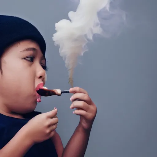 Image similar to child blowing rings of smoke out of their mouth