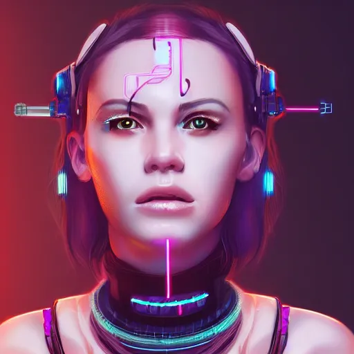 Prompt: headshot portrait of cyberpunk woman wearing thick steel choker around neck, 4K, detailed face, collar on neck, realistic, artstation, cyberpunk style, neon,
