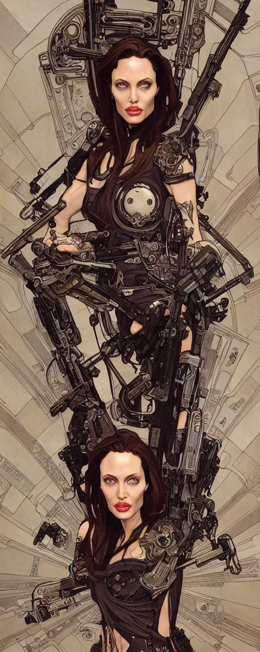 Image similar to beautiful stunning sci - fi art nouveau portrait of angelina jolie as an ironpunk rebel soldier by travis charest, moebius and alphonse mucha, photorealism, extremely hyperdetailed, perfect symmetrical facial features, perfect anatomy, ornate declotage, weapons, circuitry, high technical detail, determined expression, piercing gaze