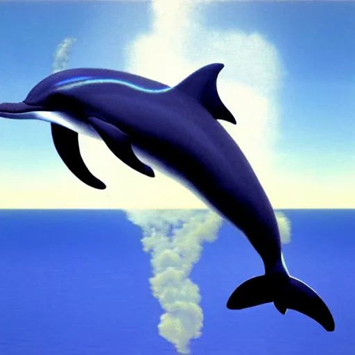 Prompt: a dolphin jumping in the air over the ocean, a hologram by rene magritte, cgsociety, computer art, seapunk, vaporwave, chillwave