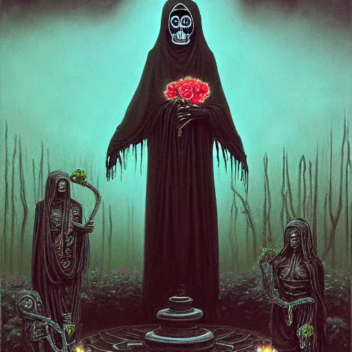 Prompt: santa muerte being being worshipped by a mexican death cult wearing black robes in a rose garden with a reflective pool, by Zdzislaw Beksinski and amanda sage and h.r. giger and thomas kinkade in a surreal dark horror style, oil on canvas, 8k, hd,