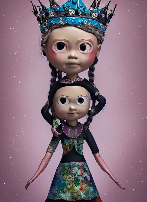 Image similar to closeup face profile portrait of tin toy greta thunberg as a fairytale goth princess wearing a crown eating cakes, bikini, depth of field, zeiss lens, detailed, symmetrical, centered, fashion photoshoot, by nicoletta ceccoli, mark ryden, lostfish, breathtaking, 8 k resolution, extremely detailed, beautiful, establishing shot, artistic, hyperrealistic, octane render