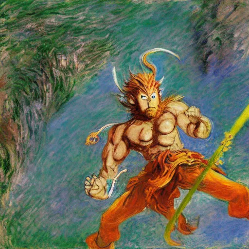 Image similar to Sun Wukong vs god, Journey to the west, 4k, art by Claude Monet