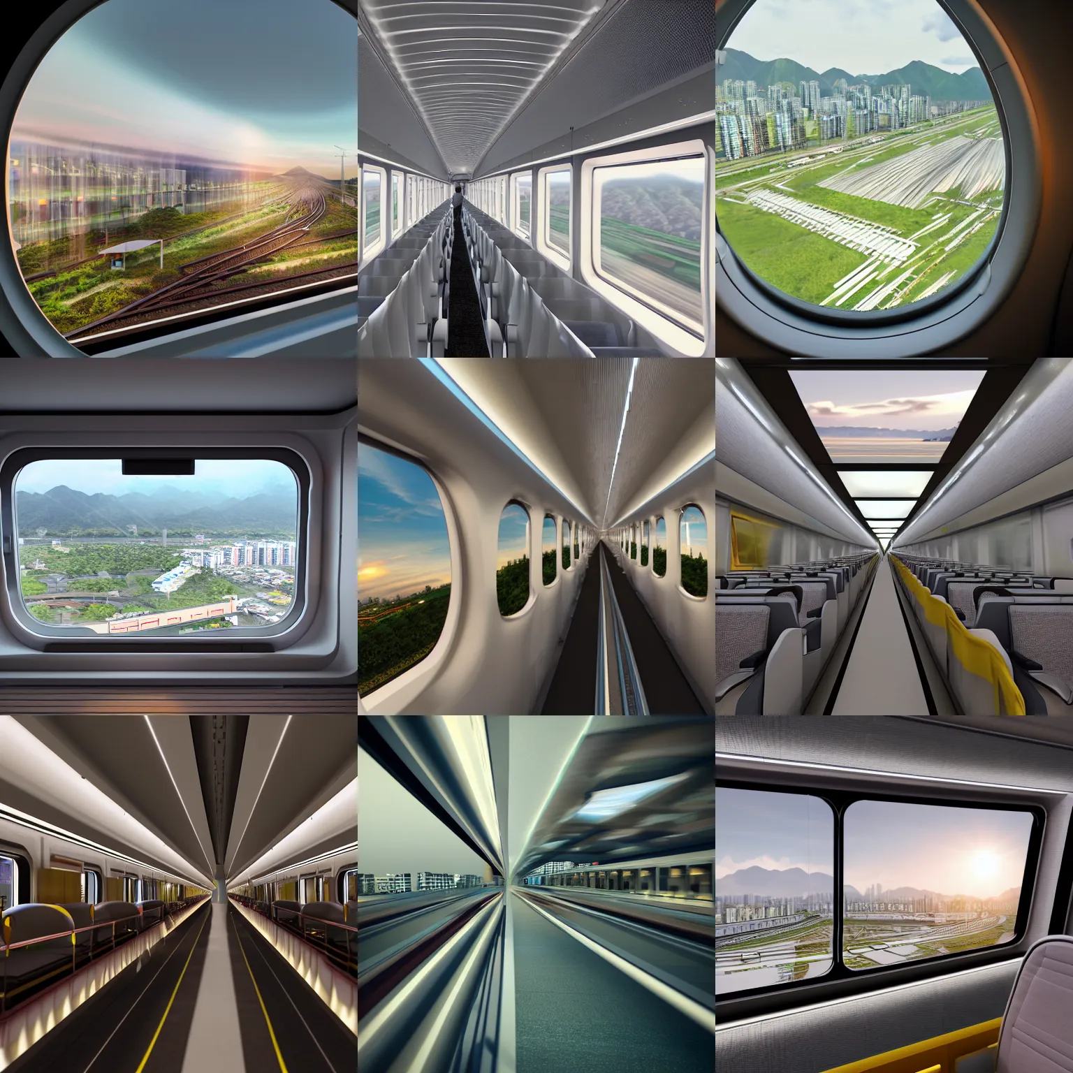 Prompt: octane render beautiful render global illumination view from inside the high speed train of taichung, taiwan, 6 pm sun