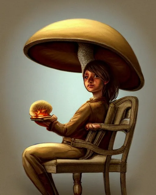 Image similar to portrait of a mushroom sitting in a chair by the fireplace, science fantasy painting, elegant intricate digital painting artstation, art by normal rockwell, detailed