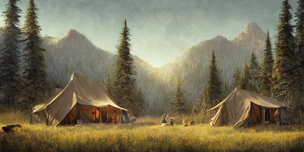 Image similar to cabela's tent fabric shelled pop up family dwelling unit, cabin, modular, person in foreground, mountainous forested wilderness open fields, beautiful views, painterly concept art, joanna gaines, environmental concept art, farmhouse, magnolia, concept art illustration by ross tran, james gurney, by craig mullins, by greg rutkowski