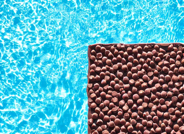 Image similar to wide angle photo of a swimming pool filled with melted chocolate. brown liquid. 8 k, depth of field, dslr