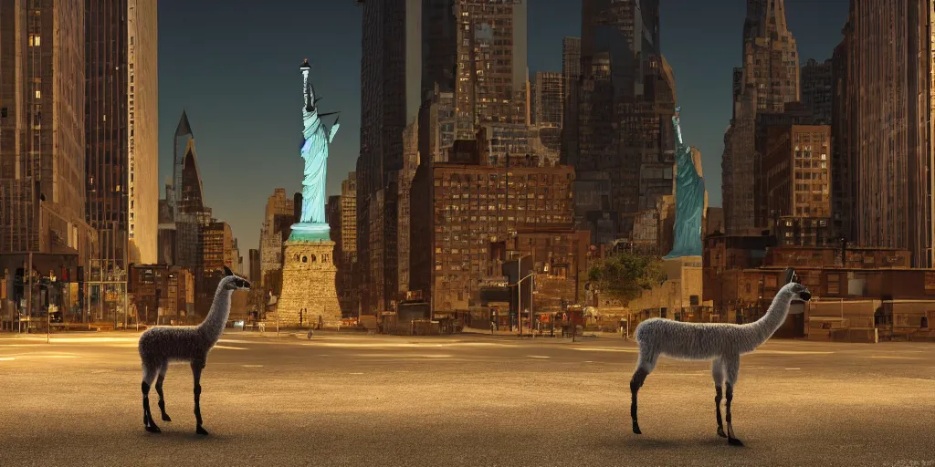 Image similar to a llama walking through a desolate manhattan city street at night, statue of liberty seen in the background, realistic 4 k octane beautifully detailed render, 4 k post - processing, highly detailed, detailed face, intricate complexity, epic composition, magical atmosphere, cinematic lighting, masterpiece, color picture, ultra hd