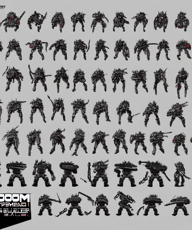 Image similar to 2 d shooter game concept art sprite sheet!!!, doom slayer concept art, hyperrealism, fine detail, 8 k, 3 d render, artgerm, artstation contest winner, cgsociety, cryengine, zbrush, vray, no background