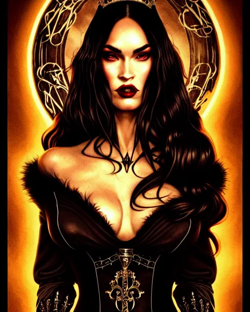 Image similar to megan fox witch queen, black eyes, blood, full body, intricate victorian dress, digital art, middle shot, cinematic lighting, studio quality, symmetrical eyes, artgerm, joshua middleton, rafael albuquerque, moody lighting, candles, art style by klimt, nixeu and ian sprigger and wlop and krenz cushart