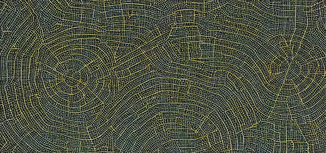 Image similar to small ancient city whose layout is evocative of a resonance interference pattern. 4K. Many intrincate details. Markets and bustling streets.