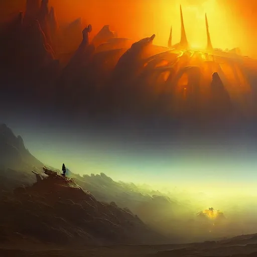 Image similar to ''cinematic shot'' of an star wars battle on the planets surface made of orange hills realistic made by ivan aivazovsky, peter mohrbacher, greg rutkowski volumetric light effect broad light oil painting painting fantasy art style sci - fi art style realism premium prints available artwork unreal engine