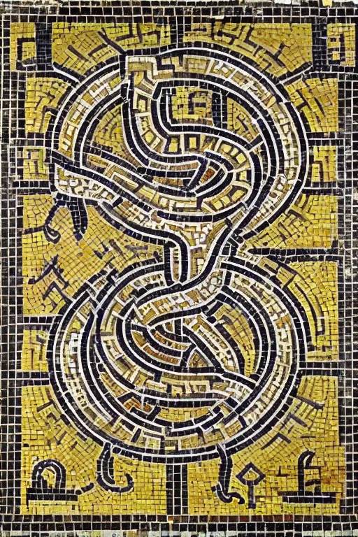 Image similar to a ceramic mosaic of the ouroboros, detailed faces, intricate detail, ancient babylonian art, occult art, alchemical diagram